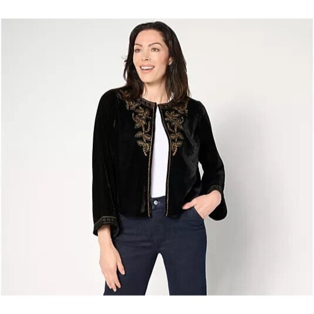 Destination 365 Embroidered Velvet Long Sleeve Topper Black 2X A668761